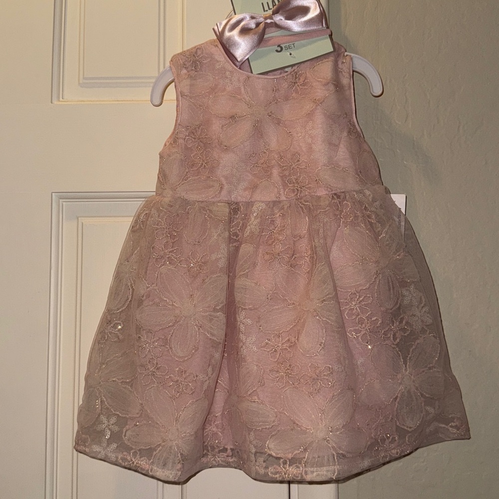 Girls' Pink Floral Lace Formal Dress with Bow